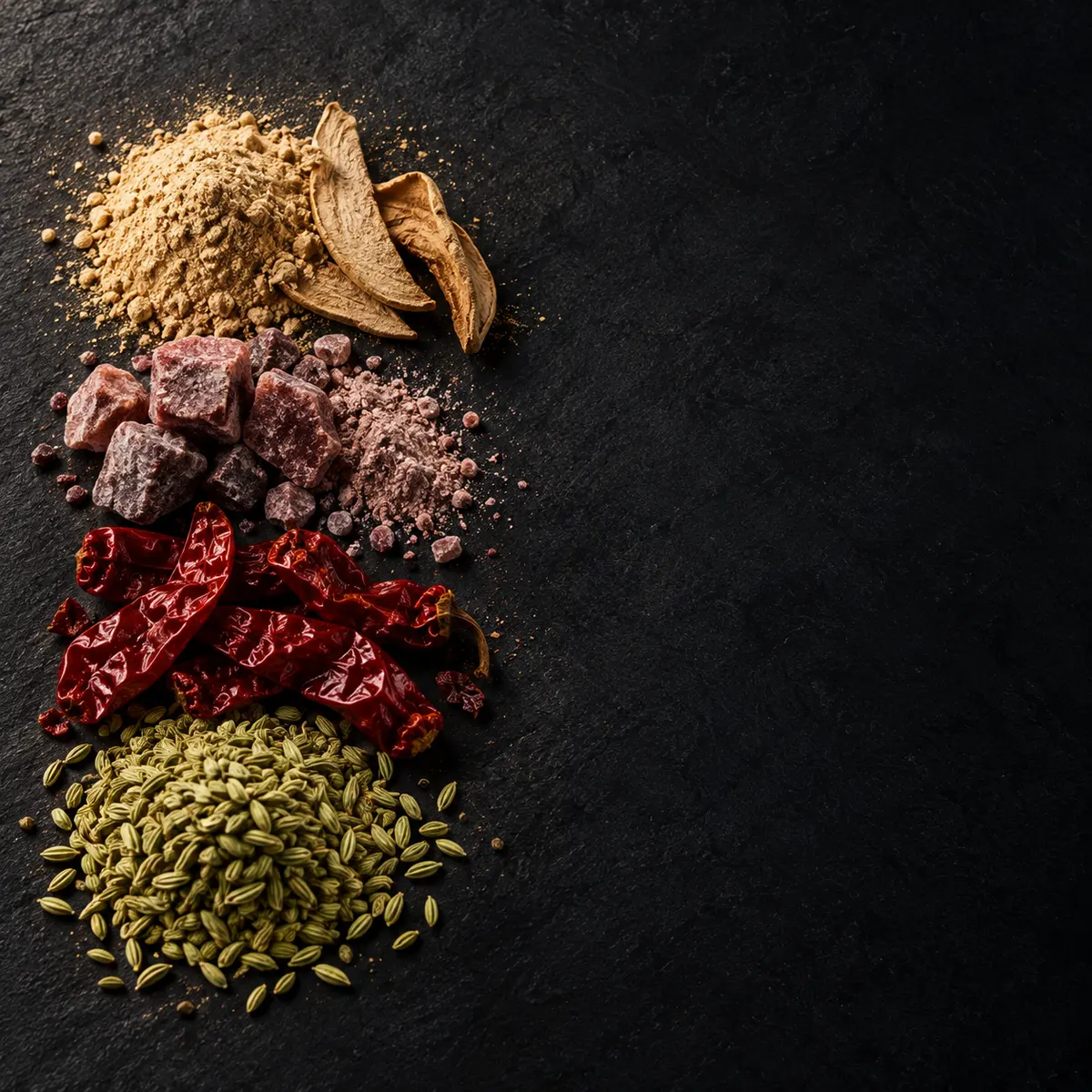 The key ingredients of Bombay Pav Bhaji Masala, laid out on slate: dry mango powder, black salt, kashmiri chilli and fennel seed