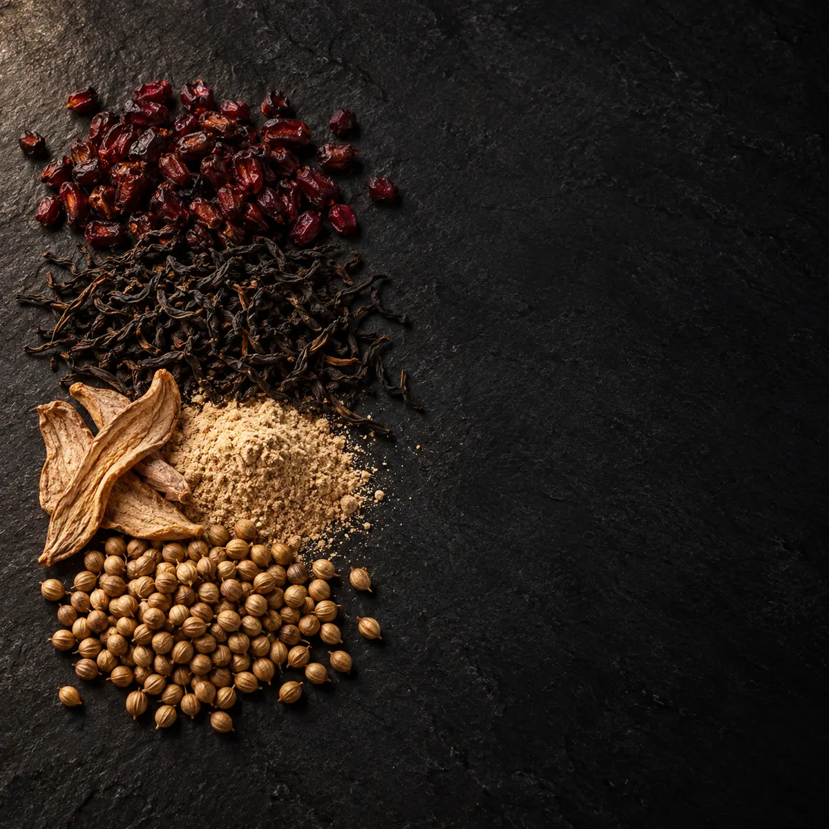 The key ingredients of Chole Masala, laid out on slate: dried pomegranate seed, black tea leaf, dry mango powder and coriander seed