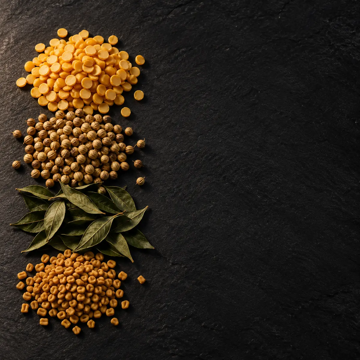 The key ingredients of Sambar Masala, laid out on slate: split pigeon pea, coriander seed, curry leaf and fenugreek seed