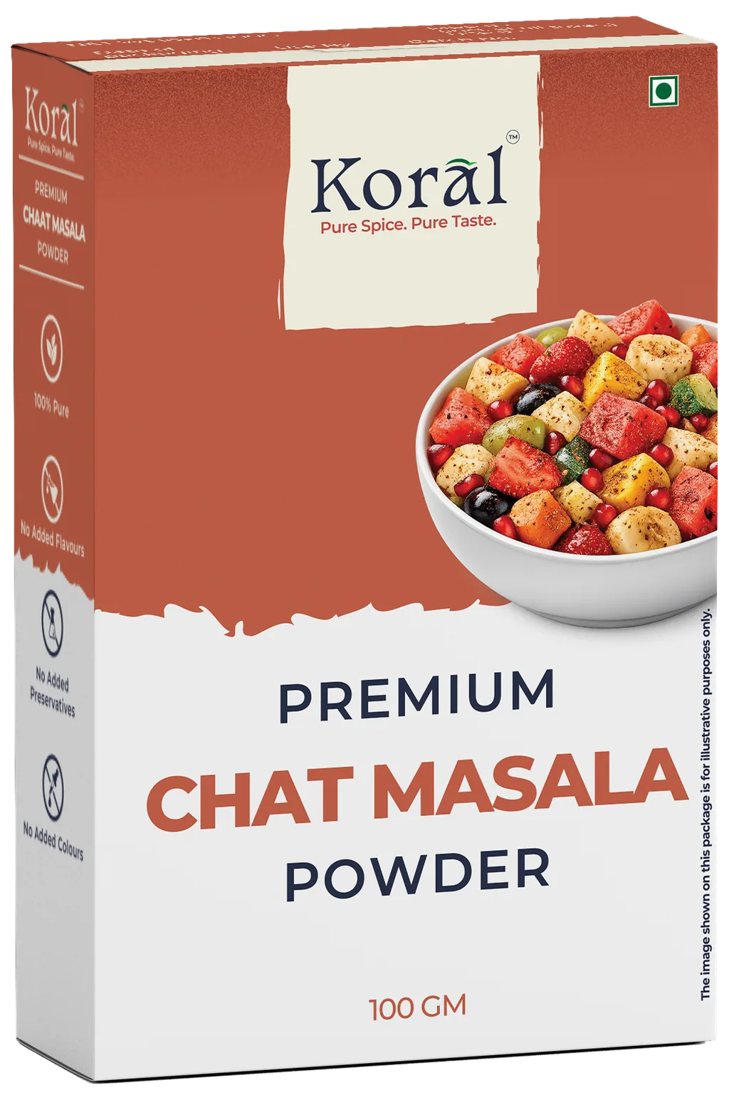 Chat Masala Powder, 100 g box, front and side panel