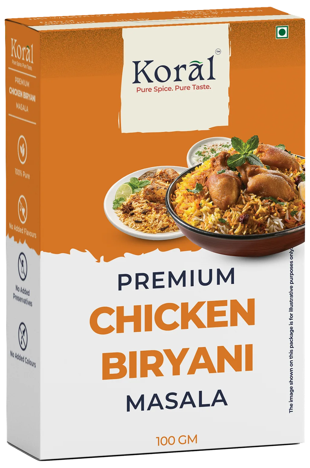Chicken Biryani Masala, 100 g box, front and side panel