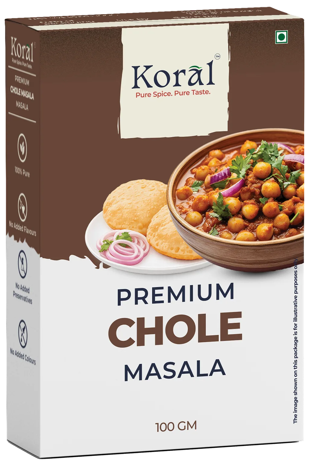 Chole Masala, 100 g box, front and side panel