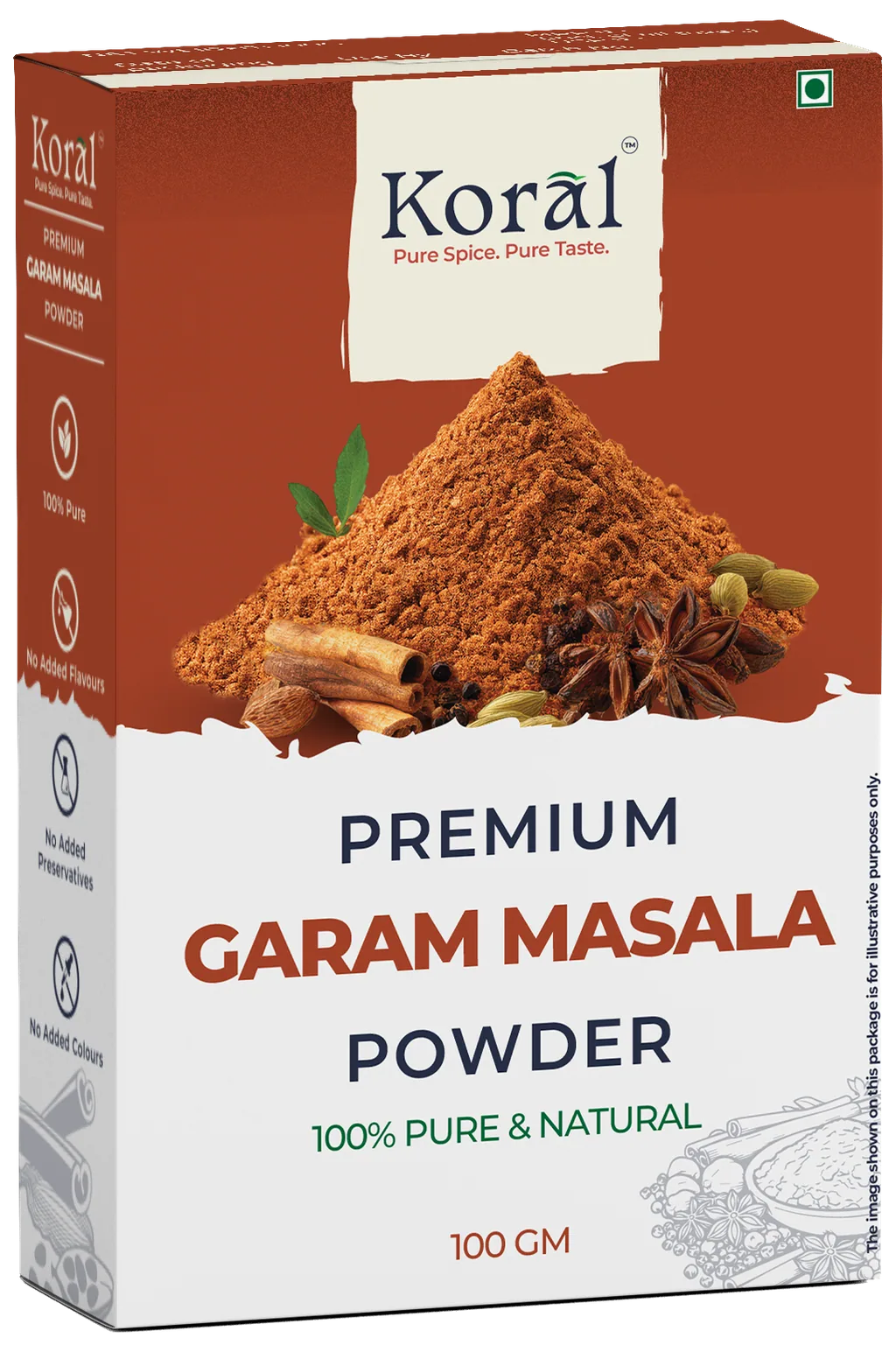 Garam Masala Powder, 100 g box, front and side panel