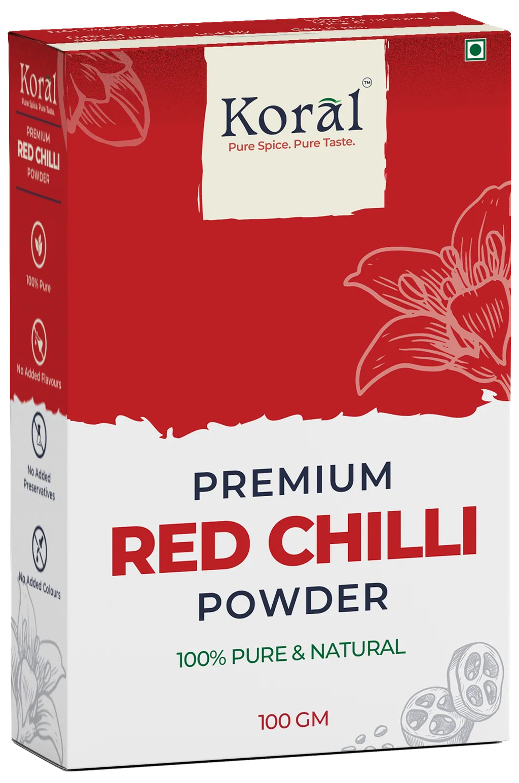 Red Chilli Powder, 100 g box, front and side panel